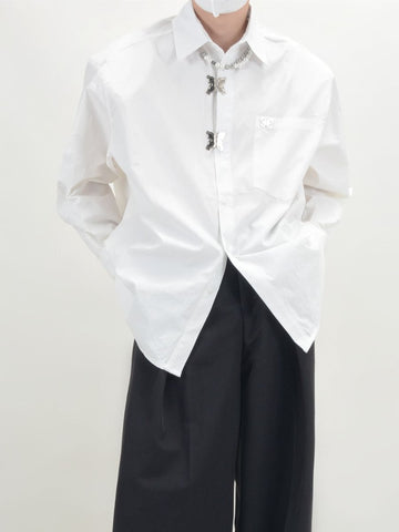 Design Sense Long Sleeve Lapel Shirt for Men New Metal Butterfly Lock Loose Casual Shirt Korean Fashion Blouses